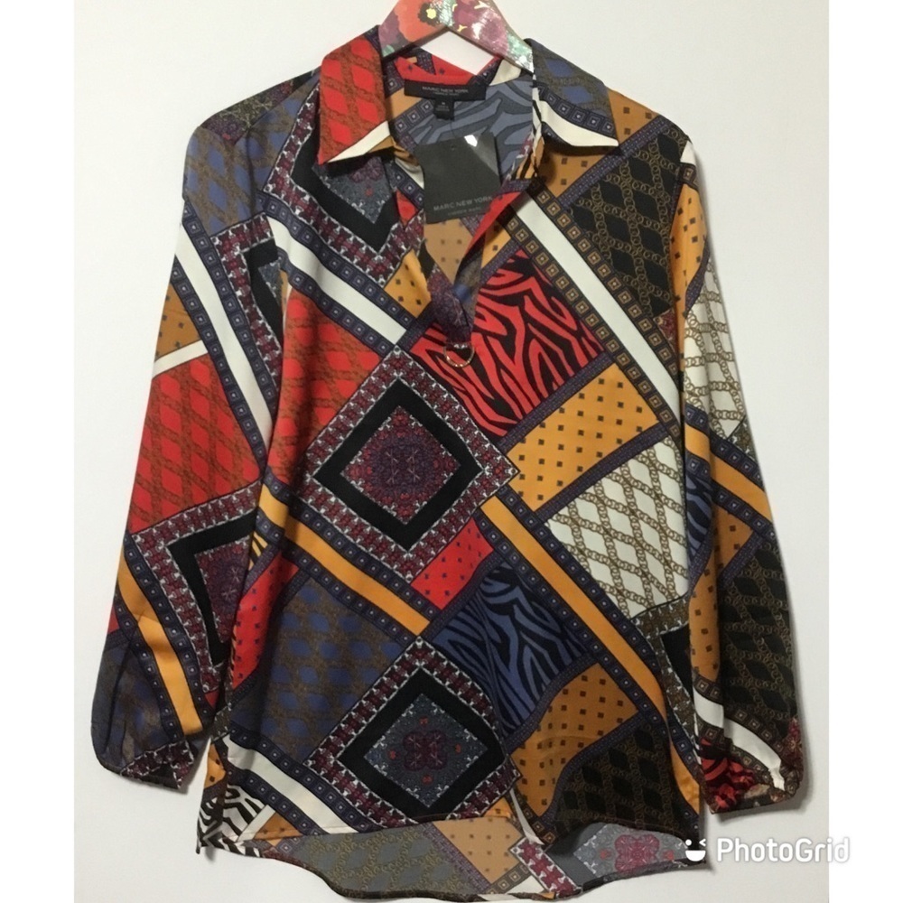 Marc New York Patchwork Geometric & Animal Print Blouse Size M - Picture 4 of 12